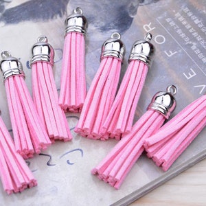 2.25&#39;&#39; tassel, 20 Pink faux suede leather tassels with silver cap