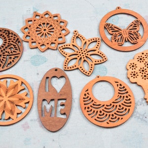 10pcs/set Assorted Light brown wooden earring charms, Filigree flower wood drops, Geometric wooden charms, wood Dangle supply