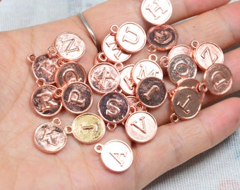 Wholesale Rose gold round letter charms, Alloy Initial letter disc beads, double sided Alphabet letters 12mm
