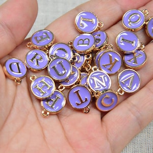 Bulk 26pcs or 50pcs Purple Enamel letter charms, Double sided round Initial letter charms, Alphabet letter disc charms
