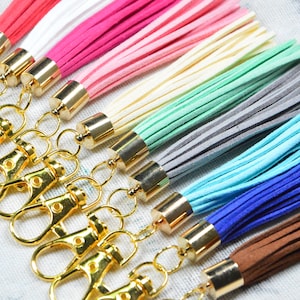 2 pcs Large fringe tassel keychains, keychain tassels with gold swivel clasps, Faux suede leather tassel with gold copper cap