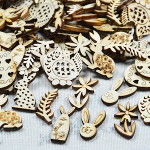 50pcs wooden charms, Easter Theme wood charm, hen Easter egg rabbit flower leaf glass collection, DIY painting crafts