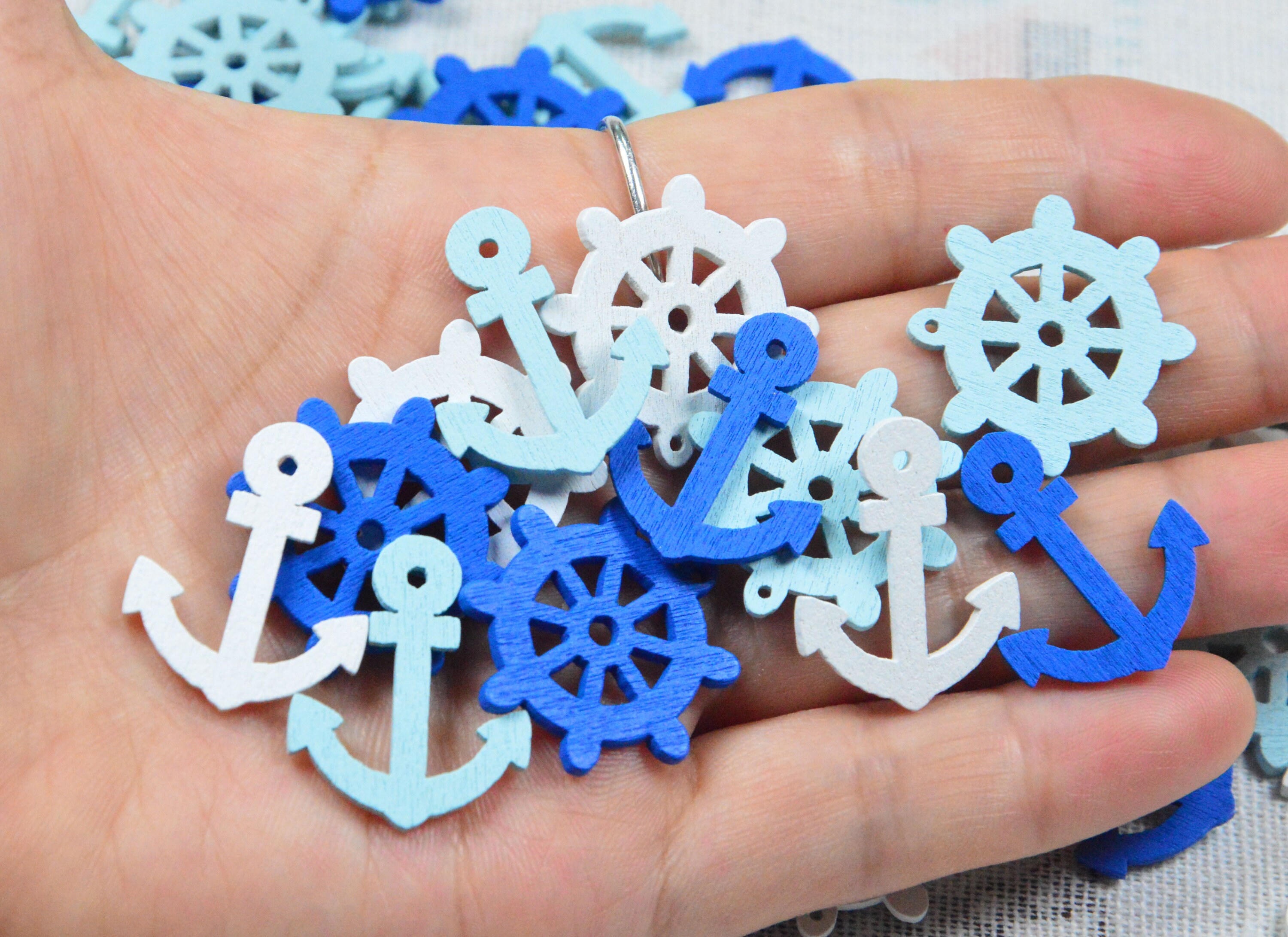 Charmed Little Sailor Wooden Decorations – 20pc Mix Of Anchors, Wheels, Boats