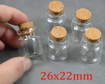 50pcs 26x22mm clear small glass bottles, transparent glass bottles with cork, clear glass vials