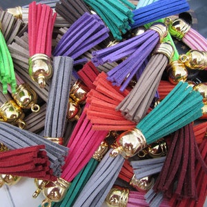 50pcs assorted color tassels, 2.25&#39;&#39; faux suede leather tassel with gold plastic cap