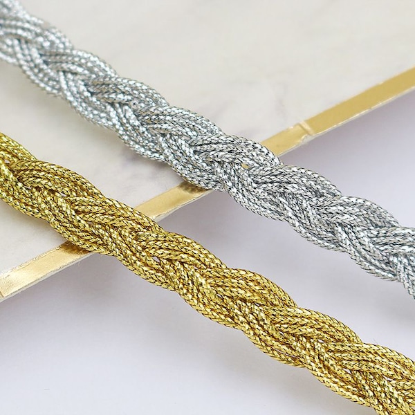3yds gold/silver braided ribbon, Plaited Narrow Braid, gold/silver metallic wrapped polyester rope braided tape border sewing trim 8mm width
