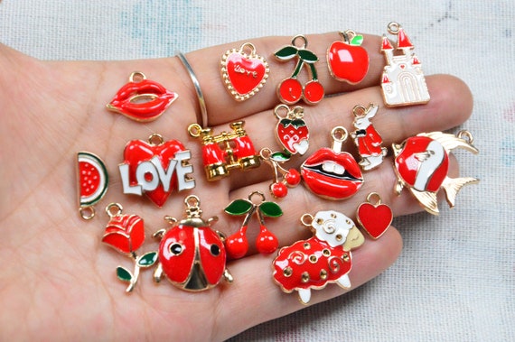 Collection 31 Red Enamel Charms, Red Style Gold Plated Alloy