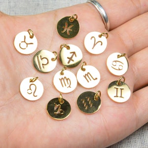 12mm Zodiac Signs, Gold round Zodiac charms, Stainless steel Personalized Jewelry, Astrological Signs