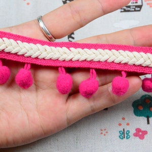 10ft Rose PomPom ball fringe trim, 1.35&#39;&#39; wide pom pom ball fringe ribbon border, Boho ribbon pom pom decoration