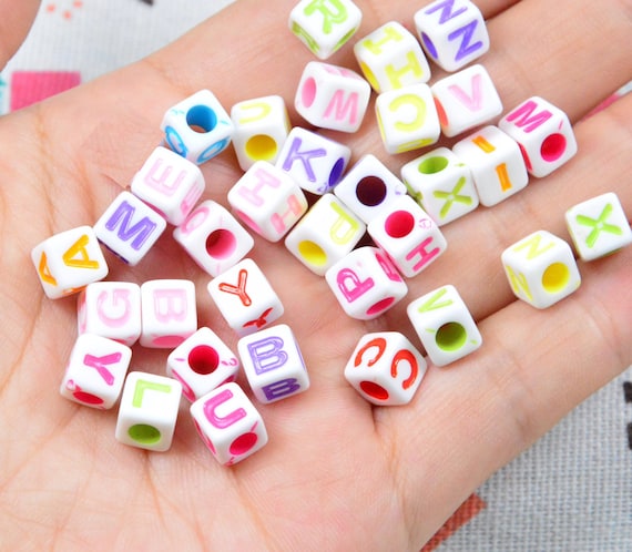 100pcs x 6mm white plastic cubes, Letter beads, colorful alphabet letter  cube beads, square plastic beads 6mm