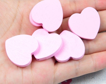 20 pcs wooden hearts, pink painted wood heart beads 25x24mm