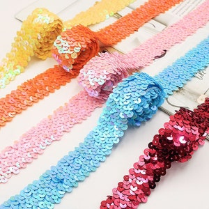 30mm Width Stretch Glitter Sequin trim, Holographic Metallic Sequin sewed elastic tape for garment accessories