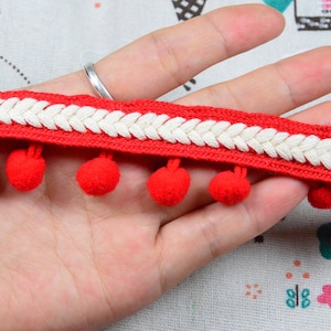 10ft Red Pom Pom ball fringe trim craft Ribbon sewing trim, White cotton cord braided ribbon with pompom balls 1.35&#39;&#39; wide
