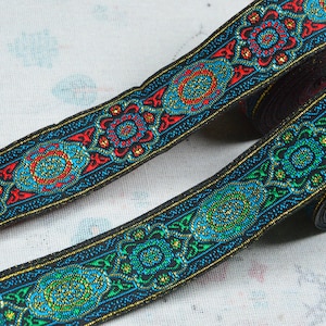 3.3cm Wide Geometric Floral Jacquard ribbon trim, Ethnic flower Embroidered fabric border woven tape sewing trim