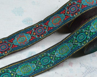 3.3cm Wide Geometric Floral Jacquard ribbon trim, Ethnic flower Embroidered fabric border woven tape sewing trim