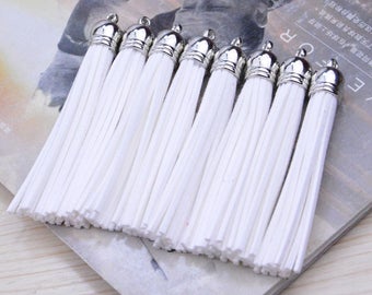 20 pcs large White tassels, 3.25'' faux Suede leather Tassel with silver plastic cap, jewelry tassels