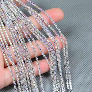 2mm Wide Iridescent Rhinestone chain, High quality Dense Rhinestone chain, silver copper claw chain with iridescent crystal Nail art supply