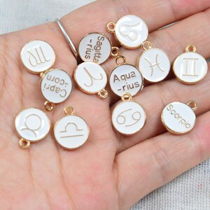 12 PCS White Enamel Zodiac charms, double sided round Zodiac signs, Zodiac disc charms for DIY jewelry