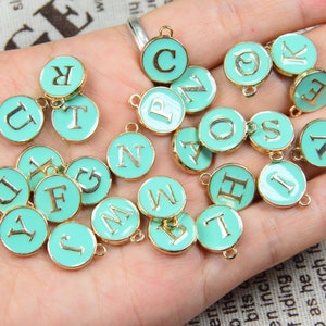26 OR 50 BULK Alphabet letter Charms, Double sided Green Enamel letter discs, 12mm round metal letter Jewelry charms