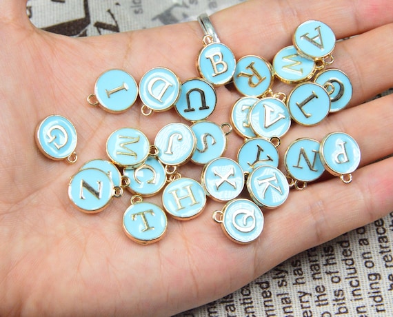 26 OR 50 BULK round metal Letter charms, 12mm Double sided Blue Oil drop  Alphabet letter disc charms, Enamel letters, DIY jewelry making