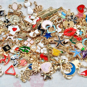 Bulk 150 Enamel charms, Assorted charms Gold metal charms, DIY bracelet charms Jewelry charms collection