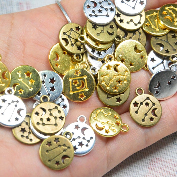 1 set-12 Zodiac sign charms, Astrological Zodiac charms, coin, alloy, antique bronze/gold/silver 13mm