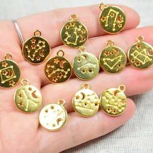 12 pcs gold metal Zodiac charms, zodiac sign beads, double sided zodiac discs, astrology charms 13mm