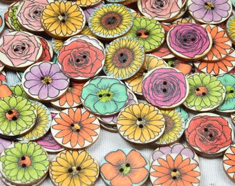 50PCS large flower wooden buttons, 25mm Rose painted round buttons