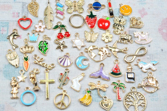 Assorted 50 Enamel Charms Gold Metal Charms, Small Alloy Jewelry Charms Collection, DIY Bracelet Charms