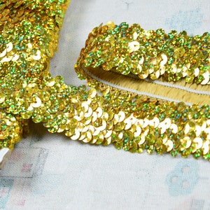 3-ROW 1.2&#39;&#39; Wide Holographic Gold stretch sequin trim by the yard