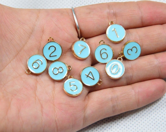 0-9 Enamel number charms, 10pcs double sided blue Enamel and gold plated  Metal Arabic number disc charms for DIY jewelry supply 12mm