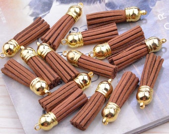 50pcs Root Beer tassel charms, 1.5'' mini tassels, faux suede leather Tassel with gold plastic cap