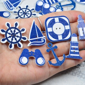 20PCS Nautical style wood buttons, wooden buttons, Anchor, ship Wheel, sailboat, lighthouse, telescope, compass, Nautical embellishment