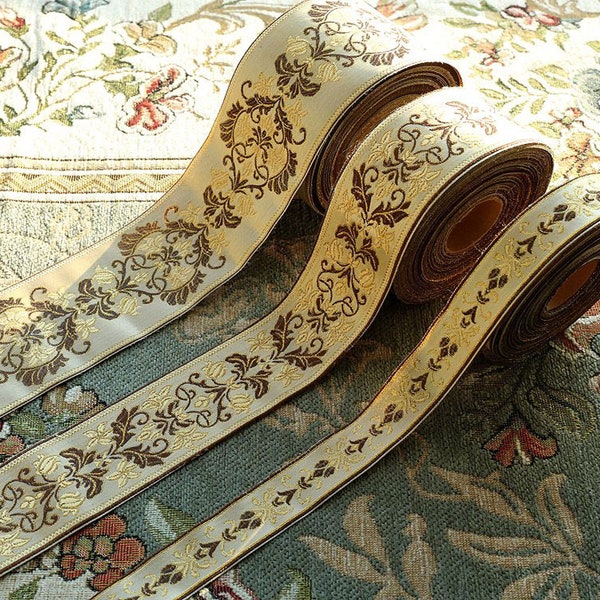 30mm / 60mm / 80mm Breite Ethnic Floral Jacquard trim, Blume bestickte Jacquard Zierleiste Beige Bordüre zum Nähen