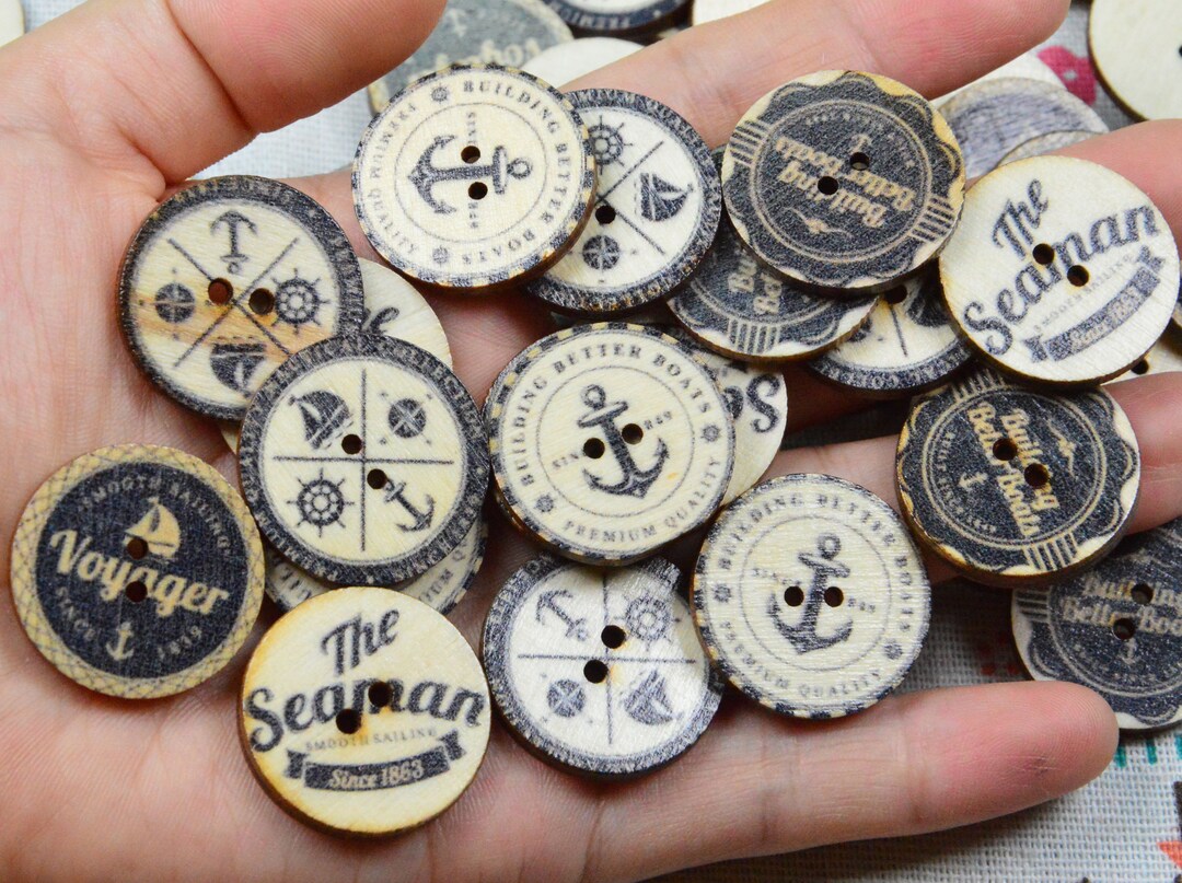 Ship Button 50pcs 25mm Wooden Buttons, Voyager, the Seaman, Anchor, Ship Wheel ...