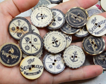 50pcs 25mm wooden buttons, voyager, the seaman, anchor, ship wheel, sailboat, compass painted round buttons, Nautical button