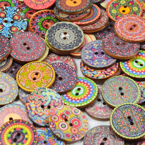 50 PCS x 25mm Vintage style wooden buttons, boho style buttons, round wooden buttons, assorted floral buttons