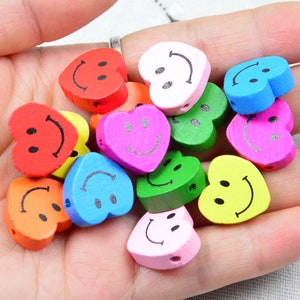 50pcs assorted color wooden hearts, smiling face painted wood hearts 16x17mm heart shape wooden beads