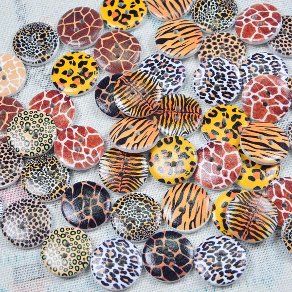 20mm Animal pattern printed wooden buttons, 20 pcs/50 pcs Animal Theme Assoted round wood buttons, Leopard Zebra Deer tiger pattern button