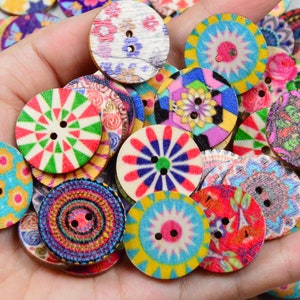 50pcs wooden buttons, Ethnic Floral buttons, assorted flower painted round wood buttons 25mm