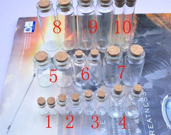 50 pieces Small Glass Bottles With Corks, glass vials, mixed size - you choose the size