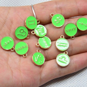 Wholesale 12pcs double sided Key Lime Enamel Zodiac charms, gold metal Zodiac sign charms, Astrology Zodiac disc for Zodiac jewelry 12mm