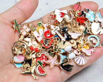Bulk 100 Enamel Charms, Mixed Jewelry Charms, Gold Plated Metal