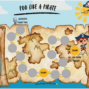 May include: A potty training chart with a pirate theme, featuring the text "POO LIKE A PIRATE". The design includes a treasure map, a pirate ship, and cartoon pirates. The chart is designed to encourage children to use the toilet.