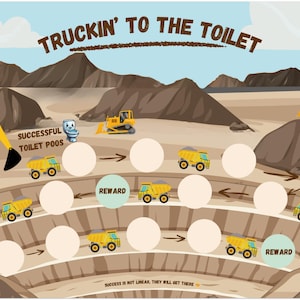 May include: A colourful chart with the text "Truckin' to the Toilet" features construction vehicles and a toilet graphic. The chart includes spaces for tracking progress and reward circles. The background depicts a desert landscape.