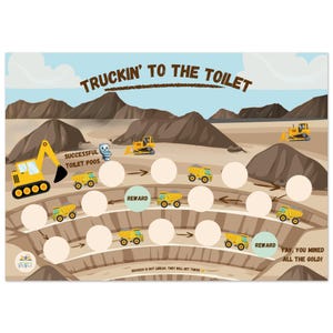 Tabla de entrenamiento para ir al baño: Camiones al baño - Tabla de recompensas para niños pequeños con camiones de volteo - Póster impreso A3 - Tema de minería