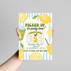 May include: A party invitation with a lemon theme. The invitation has a light blue and white striped background. The text reads 'Pucker Up it's party time!' and 'Winnie is turning 5'. The invitation includes the date, time, address, and RSVP information. There are illustrations of lemons, a lemon soda can, and a drink with a straw.

Lemon Birthday Party Invitation: Editable Canva Template (Digital Download 5x7")