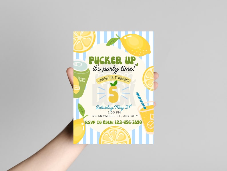 May include: A party invitation with a lemon theme. The invitation has a light blue and white striped background. The text reads 'Pucker Up it's party time!' and 'Winnie is turning 5'. The invitation includes the date, time, address, and RSVP information. There are illustrations of lemons, a lemon soda can, and a drink with a straw.

Lemon Birthday Party Invitation: Editable Canva Template (Digital Download 5x7")