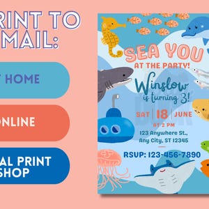 May include: An invitation with a sea creature theme. The invitation has a light blue background with illustrations of a yellow seahorse, a gray shark, a blue submarine, and various fish. The text reads 'SEA YOU AT THE PARTY! Winslow is turning 3! SAT 18 JUNE AT 2 PM 123 Anywhere St., Any City, ST 12345 RSVP: 123-456-7890.'

Ocean Birthday Invitation - Editable Canva Template - 5x7 Under the Sea Birthday Invite