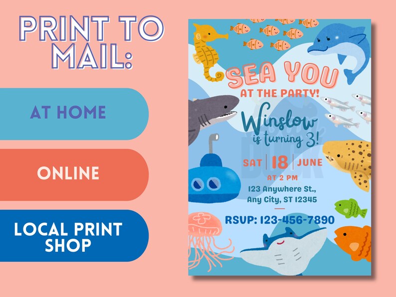 May include: An invitation with a sea creature theme. The invitation has a light blue background with illustrations of a yellow seahorse, a gray shark, a blue submarine, and various fish. The text reads 'SEA YOU AT THE PARTY! Winslow is turning 3! SAT 18 JUNE AT 2 PM 123 Anywhere St., Any City, ST 12345 RSVP: 123-456-7890.'

Ocean Birthday Invitation - Editable Canva Template - 5x7 Under the Sea Birthday Invite